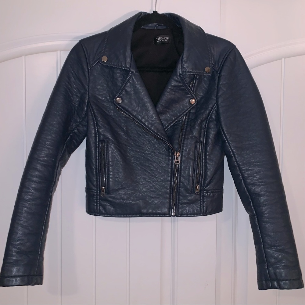 Topshop faux navy leather jacket
